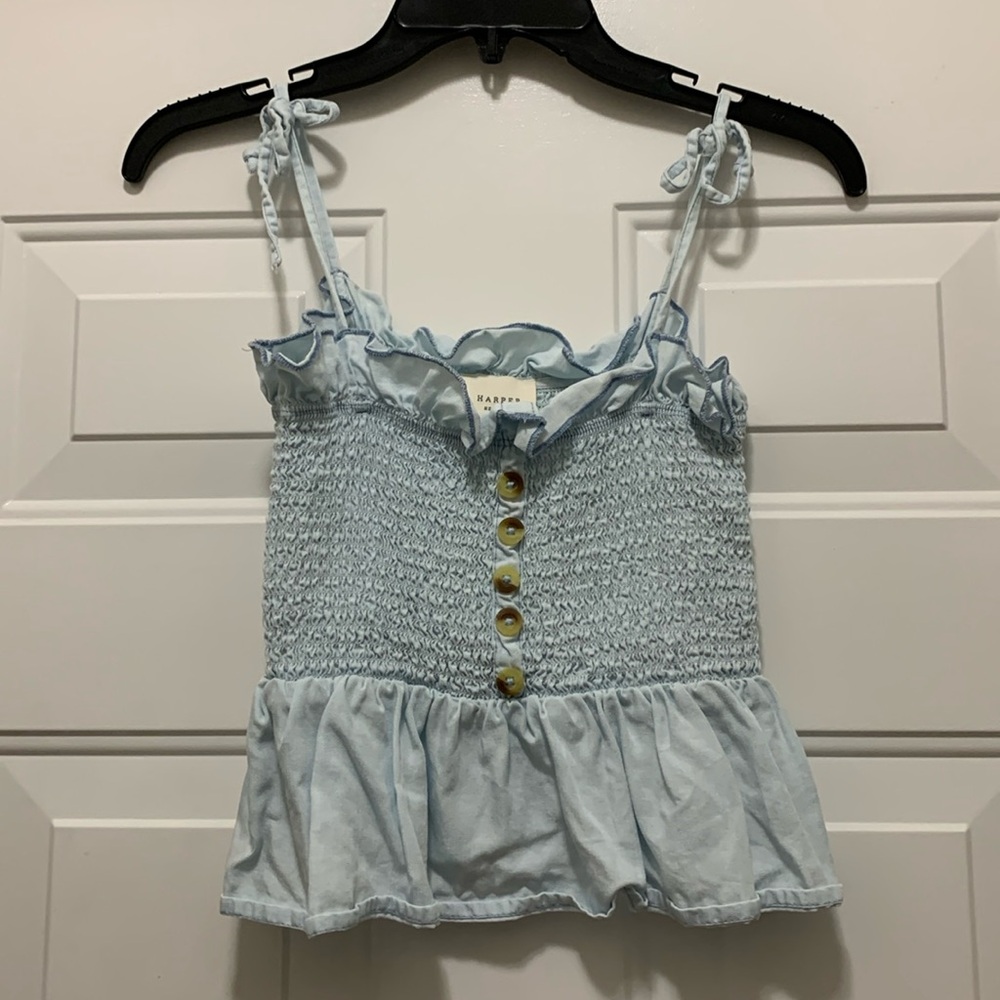 3/$15 Harper Heritage blue size XXS ruffled smocked baby top with beige buttons - Picture 1 of 6